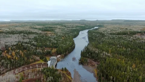 Drone rises above shallow river and endless forest. Kaministiquia River, Ontario Video stock 126080129