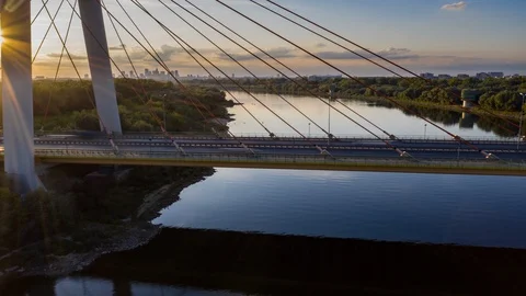 The drone rises above the Siekierkowski Bridge in Warsaw. Stock Footage 124103678
