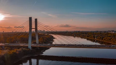 The drone rises above the Siekierkowski Bridge in Warsaw Stock Footage 124130164