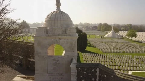 Drone rises up above Tyne Cot Cemetery, Ypres, Belgium, WW1, 4K Stock Footage 136305783