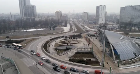 Drone rises low over the Zi?tek roundabout, through which the tram passes, th Stock-Footage 106836998