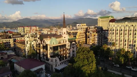 Drone rises over Batumi’s old city, revealing port, and mountains Stock Footage 291887030