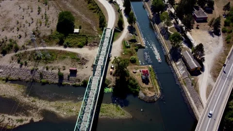 Drone Rises Over Bridges and River Canal in Ovcar Banja Serbia Stock Footage 312901965