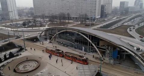 Drone rises over the Zi?tek roundabout in the center of Katowice. Stock Footage 106910407