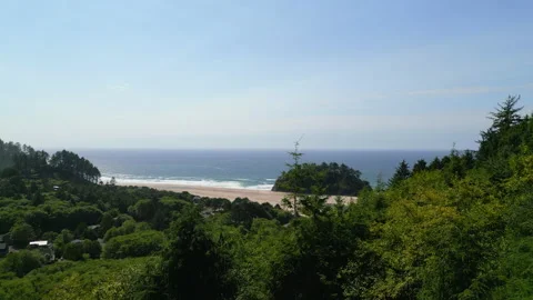 Drone rises from trees revealing Proposal rock/ocean at Neskowin beach Stock Footage 249029087