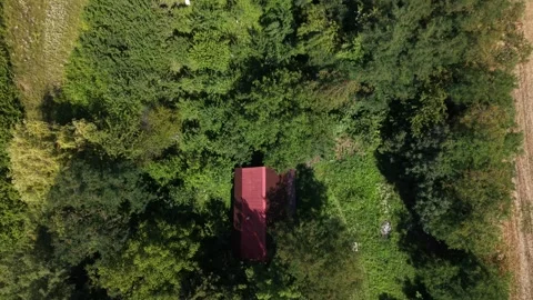 Drone rising above forest cabin revealing farmland and cultivated fields Stock Footage 340659233