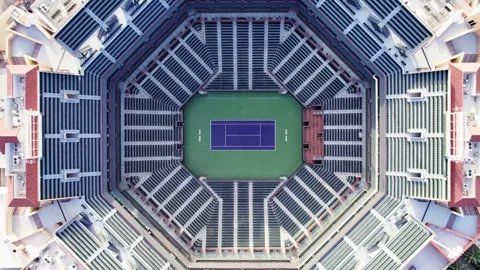 Drone Rising Up From Center of Empty Stadium One at the Indian Wells Tennis Stock Footage 312787371