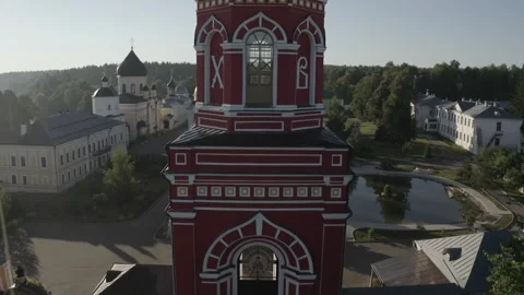 Drone rising in front of monastery clock tower Vidéo 328388862