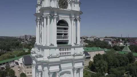 Drone rising near clock tower of monastery Stock Footage 332309568