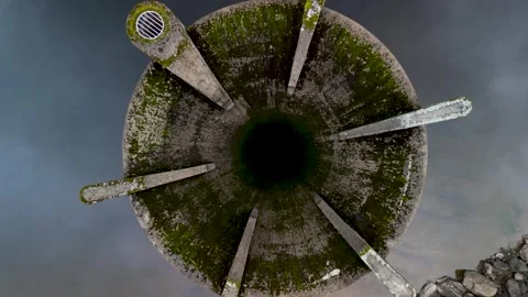 Drone rising out of drinking water reservoir overflow with black water Stock Footage 251658902