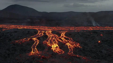 Drone Rising Over Streams Of Molten Lava Stock Footage 168769277