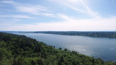 Drone Rising Over Trees to Reveal Lake Washington Weekend Boating Stock Footage 130215430
