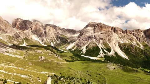 Drone Rising with View of Dolomite Valley and Mountains – Italy Stock Footage 313892058