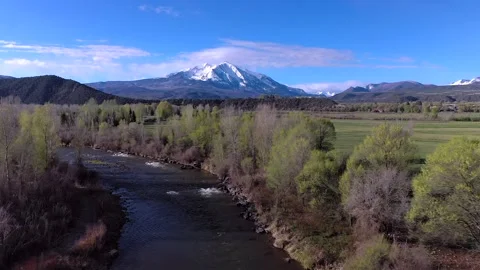 Drone: Roaring Fork River with Mt. Sopris Stock Footage 274725907