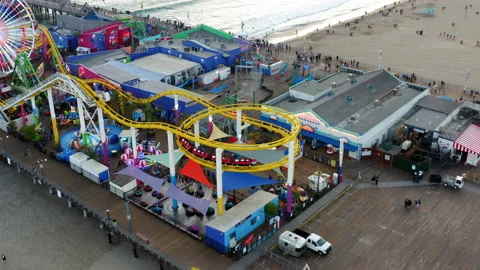 Drone Of Roller Coaster At Santa Monica Pier At Sunset 4K 24FPS Stock Footage 196124885