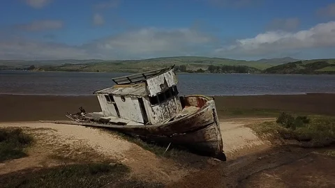 Drone rotates around the Point Reyes shipwreck in Inverness, Ca Stock Footage 89699727
