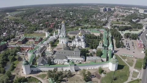 Drone rotating and descending over historic monastery Видео 332309705