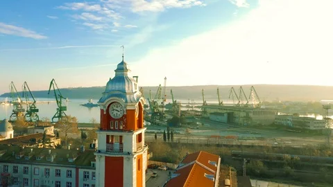  Drone rotating around clock tower in old town Видео 120624239