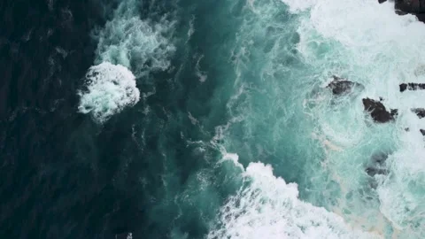 Drone Rotating Over Powerful Waves Crashing On Rocky Coastline Stock Footage 236643153