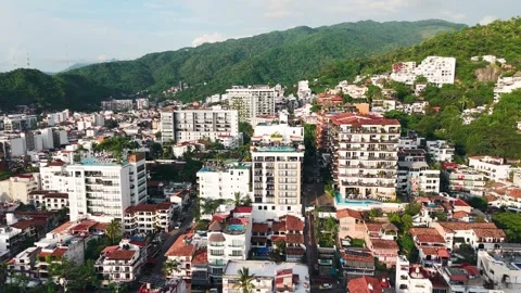 Drone Rotating over the Romantic Zone of Puerto Vallarta, Jalisco. Mexico Stock Footage 280012326