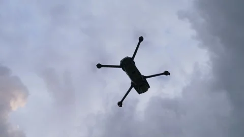Drone rotating in place against cloudy sky background Stock Footage 346749335