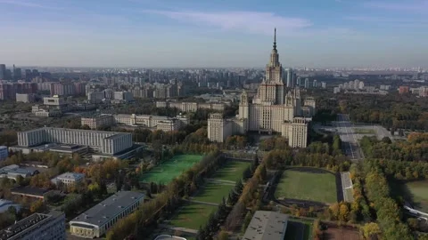 Drone rotating toward Moscow State University building Stock Footage 325045574