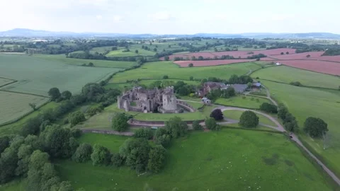 Drone rotation (wide) around Welsh castle, Raglan (1) Stock Footage 277390987