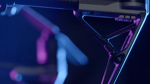 Drone rotor close-up focus pull shot in purple lighting of DJI Inspire 2 Stock Footage 129287382