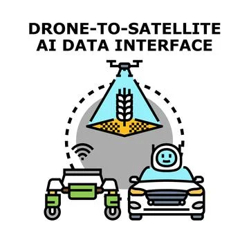Drone satellite ai connecting autonomous farm vehicle future Stock Illustration