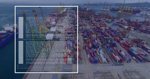 Drone scanning container terminal, HUD appearing, code filling, bar growing, Stock Footage 328396720