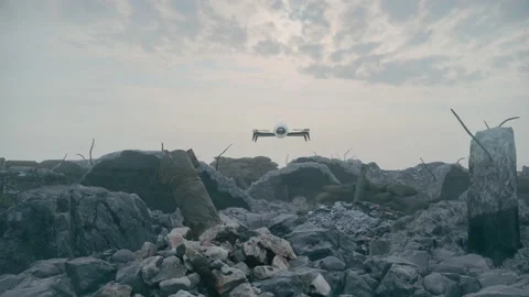 A drone scanning over an abandoned and deserted military position. Stock Footage 229852284