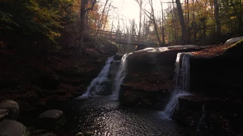 Drone Scenic Fall Foliage Waterfall River Sun Flare Stock Footage 255753775