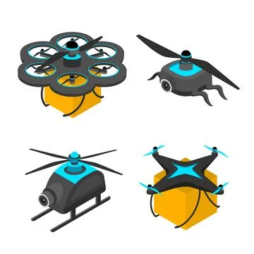 Drone set. Flying robotic gadgets with propellers, electronic devices delivery Stock Illustration
