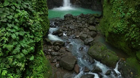 Drone shoot. Panorama of a waterfall, hidden in tropical rainforest jungle Stock Footage 266501726