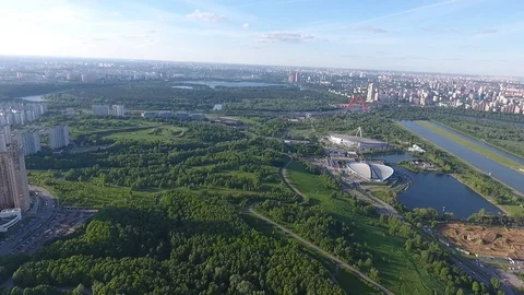 Drone shoot of the river and park next to the stadium Luzhniki in Moscow aerial Stock Footage 104553136