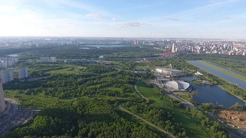 Drone shoot of the river and park next to the stadium Luzhniki in Moscow aerial Stock Footage 104553177