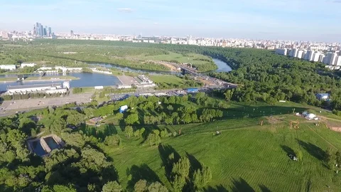Drone shoot of the river and park next to the stadium Luzhniki in Moscow aerial Stock Footage 104553440