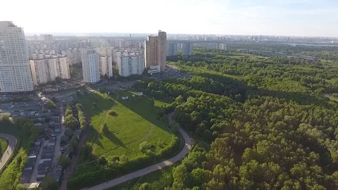 Drone shoot of the river and park next to the stadium Luzhniki in Moscow aerial Stock Footage 104553526