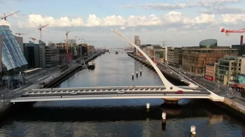 Drone shoot of Samuel Beckett bridge over the river liffey, Dublin Ireland Stock Footage