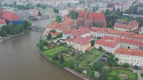 Drone shoot,  View, River, Wroclaw, Poland, Stock Footage 135238607