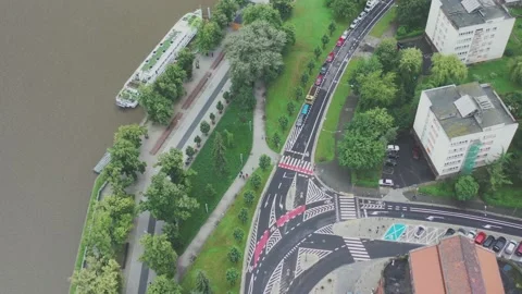 Drone shoot,  View, River, Wroclaw, Poland, Stock Footage 135238884