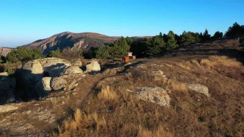 Drone shooting flying around the Mount Demerdzhi and autumn green forest Video stock 168282764