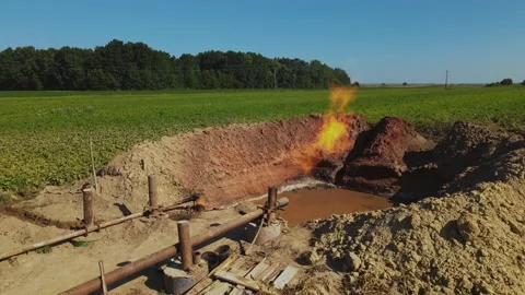 Drone shooting of pit with burning fire near enterprise. Industrial concept Video stock 209276749