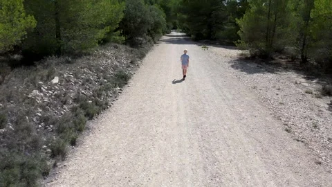 Drone shooting from the sky, a blond boy walks along a mountain road. Stock Footage 286336100