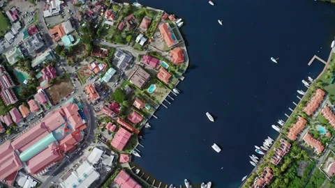 Drone shoots top-down view of the harbor with yachts (Rodney Bay, Saint Lucia) Stock Footage 131988485