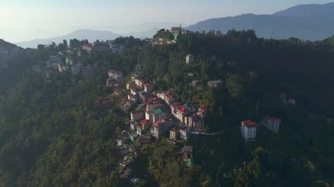 Drone shot 4k. Aerial view of the foggy day in Pelling, Sikkim. Northern India. Stock Footage 341972786