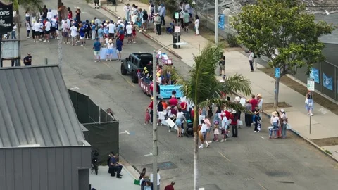 Drone shot of the 4th of July parade in Pacific Palisades, California Stock-Footage 342131108