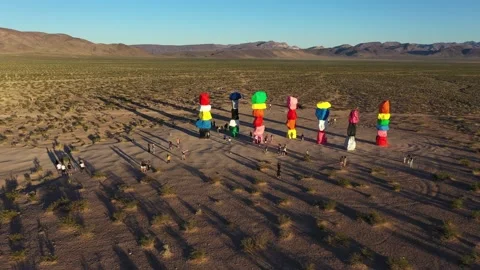 Drone Shot of 7 Magic Mountains in Las Vegas Nevada Just Before Sunset Stock Footage 221778796