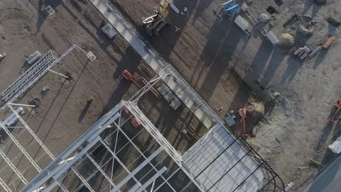 Drone shot from above a construction site with metal framework. Stock Footage 234520784