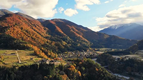 Drone shot of Aerial view over historical village Shirakawa-go village. Stock Footage 129284785